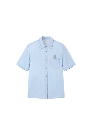 Blue Cotton Embroidered Short Sleeves Denim Shirt