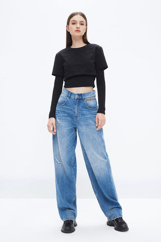 Vintage Wide Leg Jeans With Metal Chain