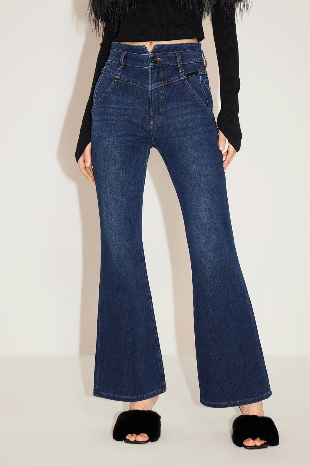 Dark Blue V-Shape High-Waisted Cashmere Blend Denim Flared Jeans – MISS ...