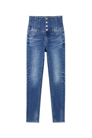 Super High Waist Blue Jeans With Four Buttons