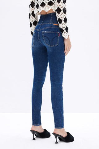 Super High Waist Navy Blue Jeans With Four Buttons