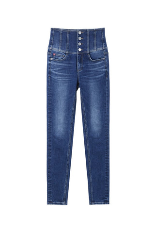 Super High Waist Navy Blue Jeans With Four Buttons