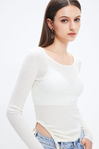 Lace-Up Stretch Wool Blend Knit Top