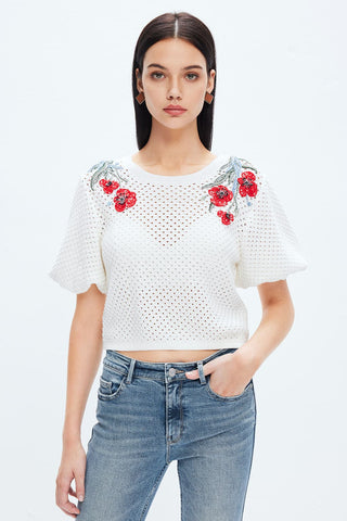 Embroidered Puffy Sleeves Cropped Cotton Top