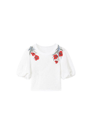 Embroidered Puffy Sleeves Cropped Cotton Top