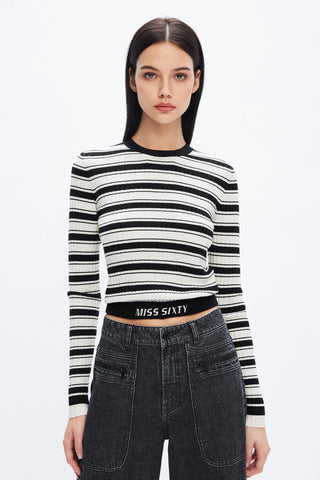 Round Neck Striped Cropped Sweater
