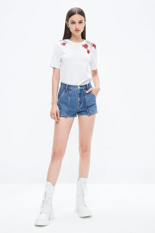 White Delicate Embroidery Flower Short Sleeves T-Shirt
