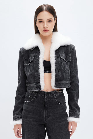Denim Fur Jacket With Shoulder Pads