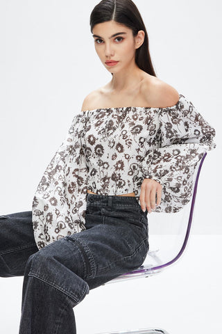 Silk Linen Blend Printed Sexy Off-Shoulder Shirt