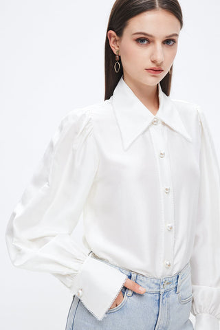 Silk Lantern Sleeves Shirt With Beaded Embellishment