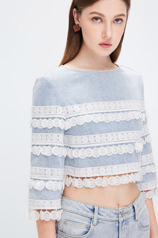 Round Neck Short Sleeves Crochet Panel Shirt