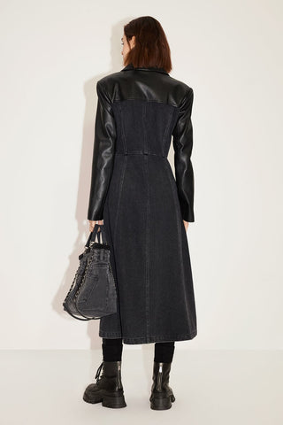 Stylish Mid-Length High-End Denim Patchwork Leather Coat