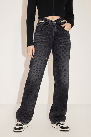 Black And Gray Hollow Butterfly Waist Crystals Straight Jeans