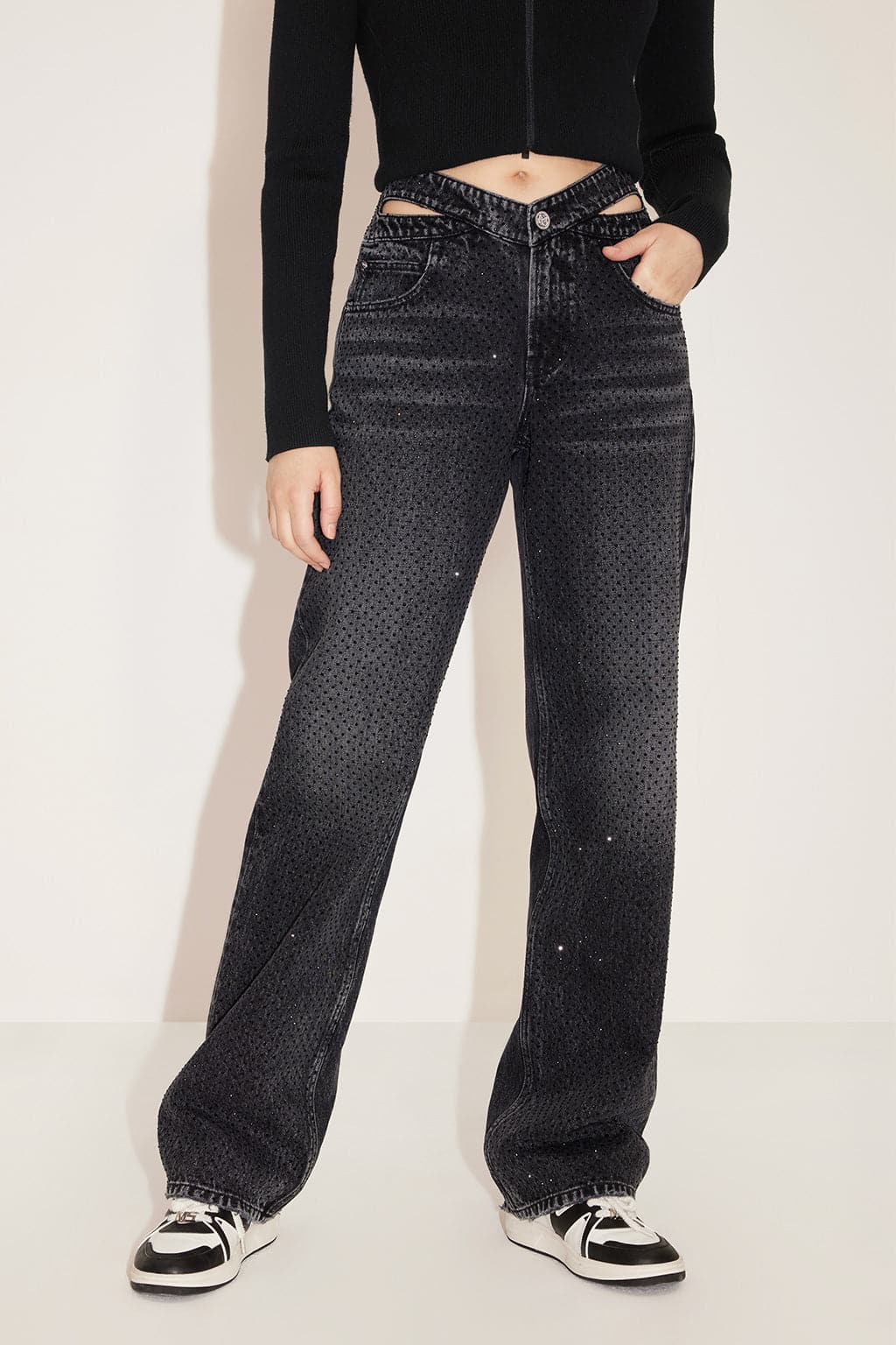 Black And Gray Hollow Butterfly Waist Crystals Straight Jeans – MISS SIXTY