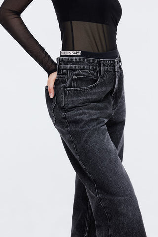 Black And Gray Patchwork Waistband Butterfly Embroidered Straight Jeans