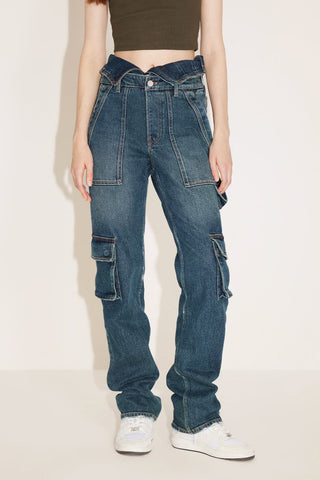 Cargo-Style Double-Waist Side Zipper Vintage Jeans