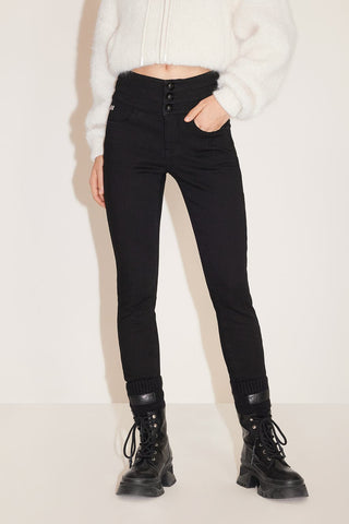 High-Waist Black Fleece-Lined Slim-Fit Denim Jeans