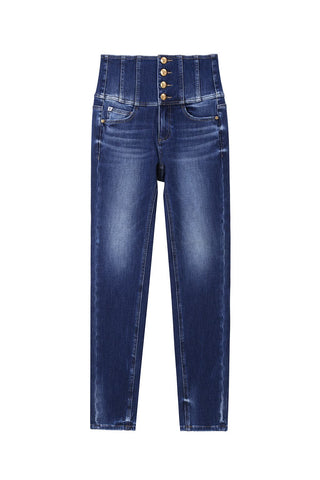 Dark Blue Four-Button High Waist Slim Fit Cashmere Stretch Jeans