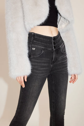 High-Waist Black-Gray Fleece-Lined Slimming Denim Jeans