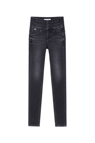 High-Waist Black-Gray Fleece-Lined Slimming Denim Jeans