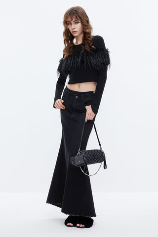 Vintage Black Denim Fishtail Long Skirt