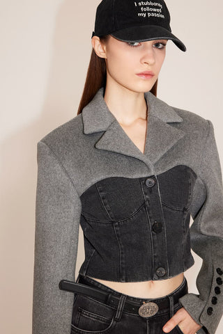 Vintage Style Spliced Cropped Woolen Jacket