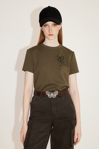 Short T-Shirt With Flower Embroidery