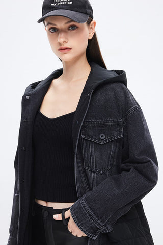 Denim Paneled Hooded Jacket