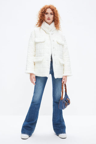 White Quilted Jacket With Fur Collar And Pearl Buttons