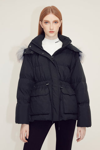 Detachable Hood Fur Collar Drawstring Down Jacket