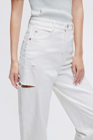 High Waist Silk-Blend White Denim Jeans