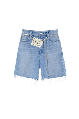 Embroidery Denim Shorts With Pearl Bag