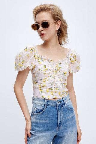 Bella Hadid Style Dandelion-printed Pleated Shirt