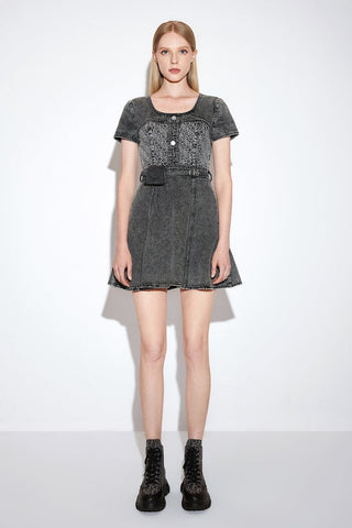 Jacquard Denim Dress With Belt Bag