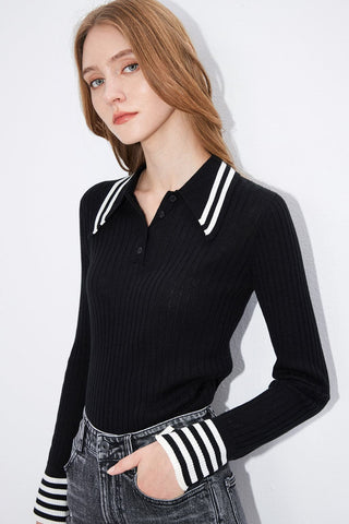 Polo Collar Striped Pullover Knitwear