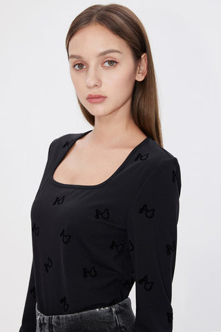 Square Neck Flocked Slim Fit Long Sleeves T-Shirt