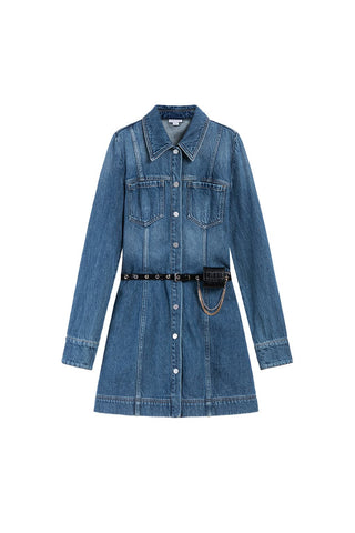 Cotton Denim Dress With Belt Bag